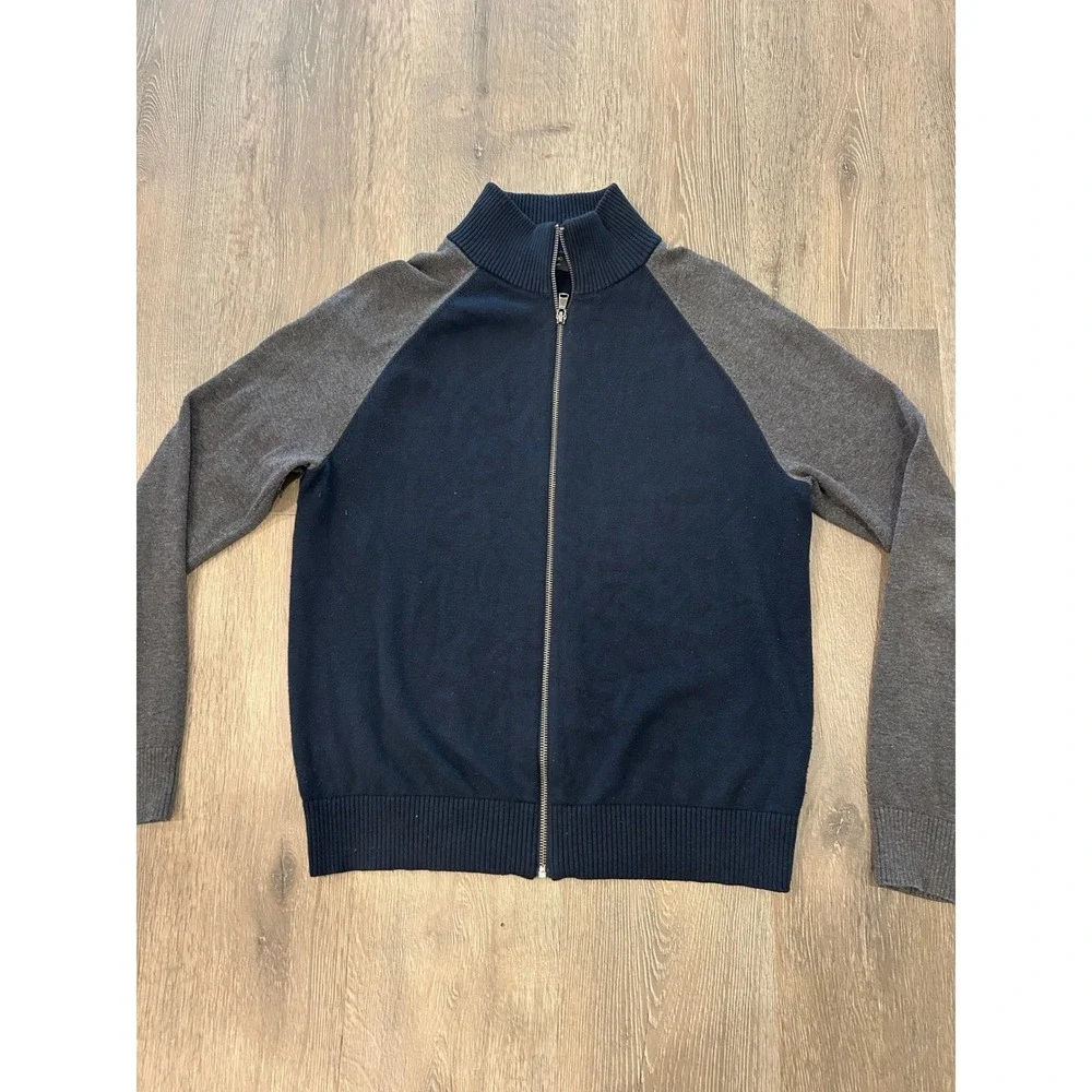 Banana‎ Republic Luxe Sweater Mens Medium Navy Blue Grey Full Zip Cardigan Mock